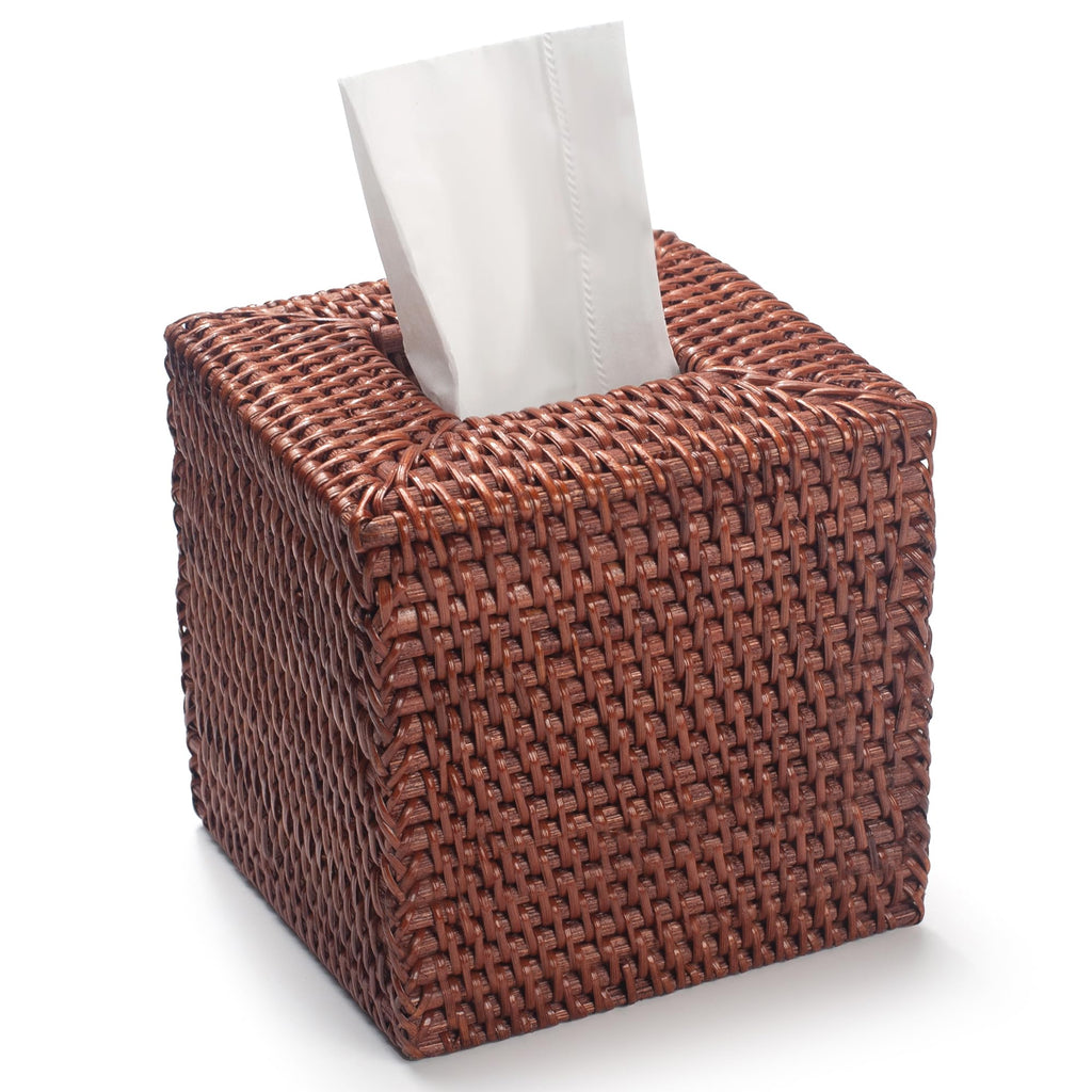 2 Pack Square Rattan Tissue Box Cover, Hand Woven Wicker Tissue Holder, 5.5 x 5.5 X 5.7 inches, Brown