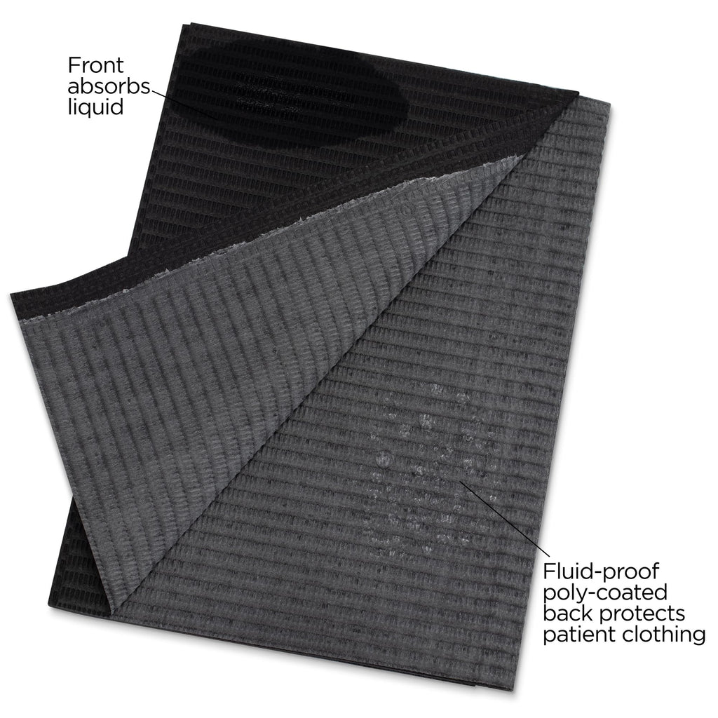 Practicon 125 Pack Black Disposable Patient Bibs, 18" x 13", 3 Ply Waterproof Paper Bib Sheet with Poly Back, Dental, Medical, Tattoo, Nail Tray or Table Cover, 125 Pack