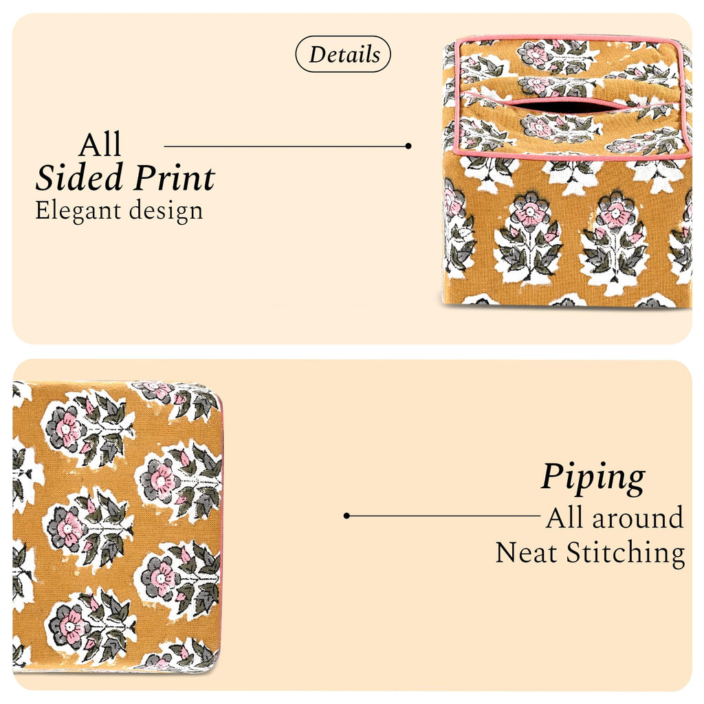 CPC 100% Cotton Piping Block Print Tissue Box Cover, Citrine Yellow