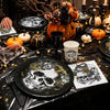 121 Pcs Gothic Halloween Party Tableware Set for 24 Guests – Black Skull Skeleton Disposable Plates, Cups, Napkins and Tablecloth for Spooky Gothic Halloween Party Decorations