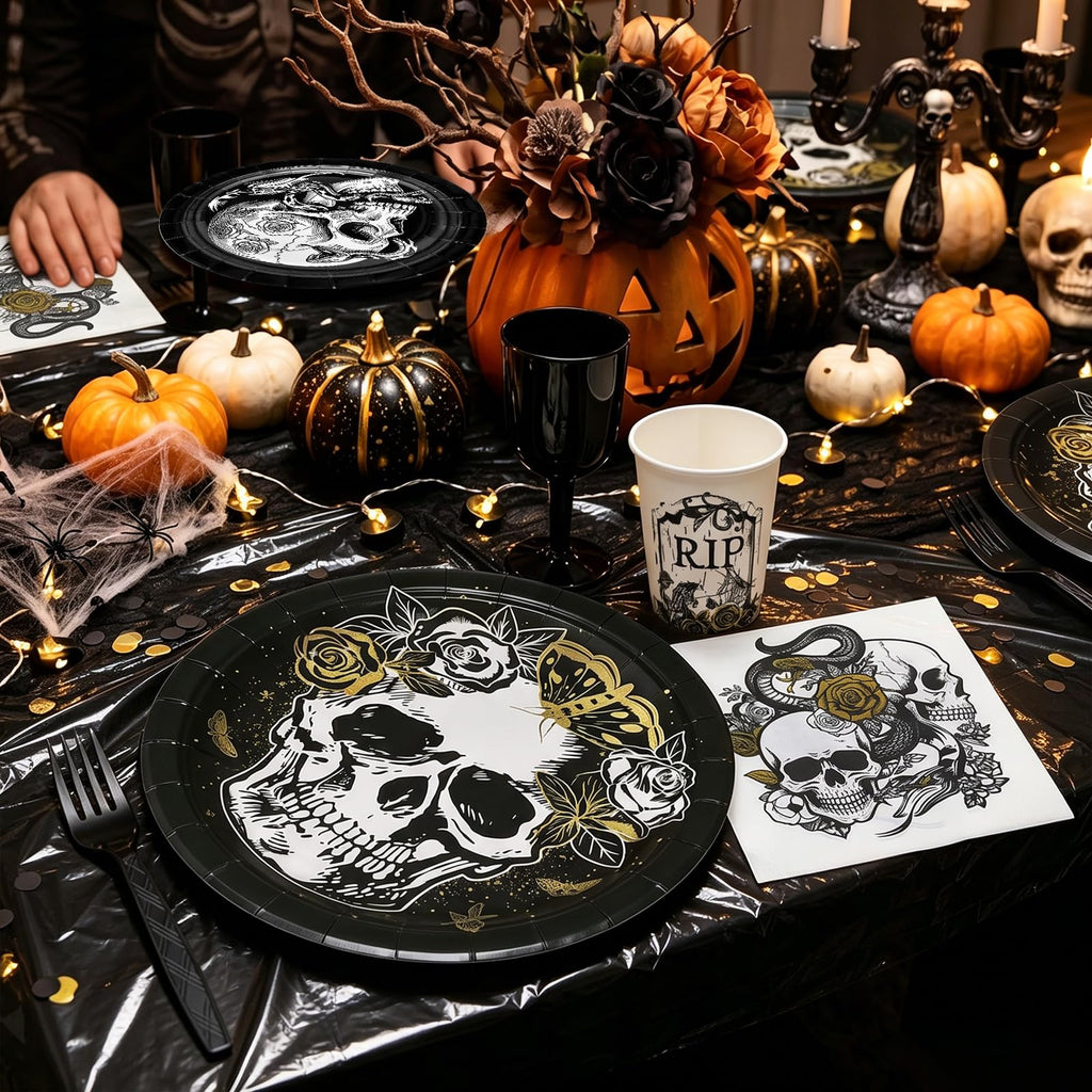 121 Pcs Gothic Halloween Party Tableware Set for 24 Guests – Black Skull Skeleton Disposable Plates, Cups, Napkins and Tablecloth for Spooky Gothic Halloween Party Decorations