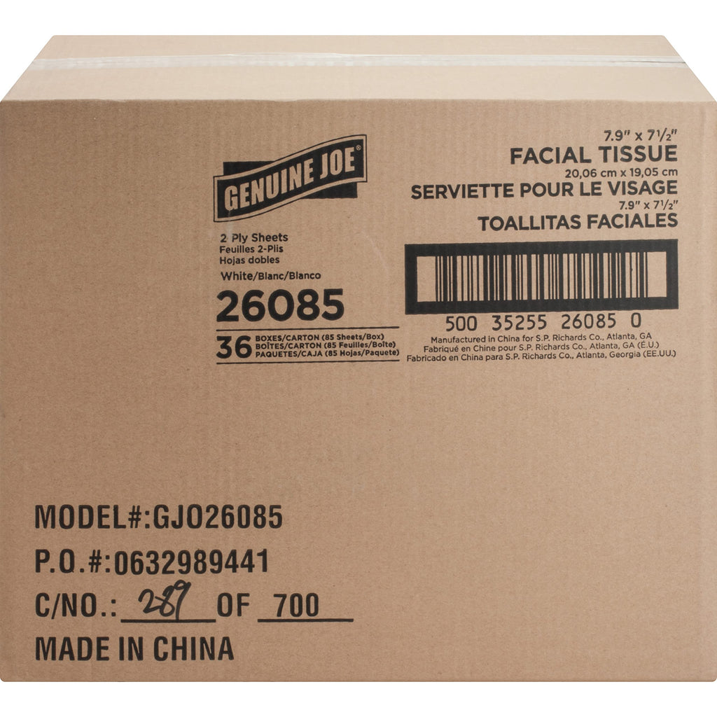 Genuine Joe Facial Tissue Cube Box, 7.9" x 7.5", 2-Ply, 85 Sheets/Box, 36 Count