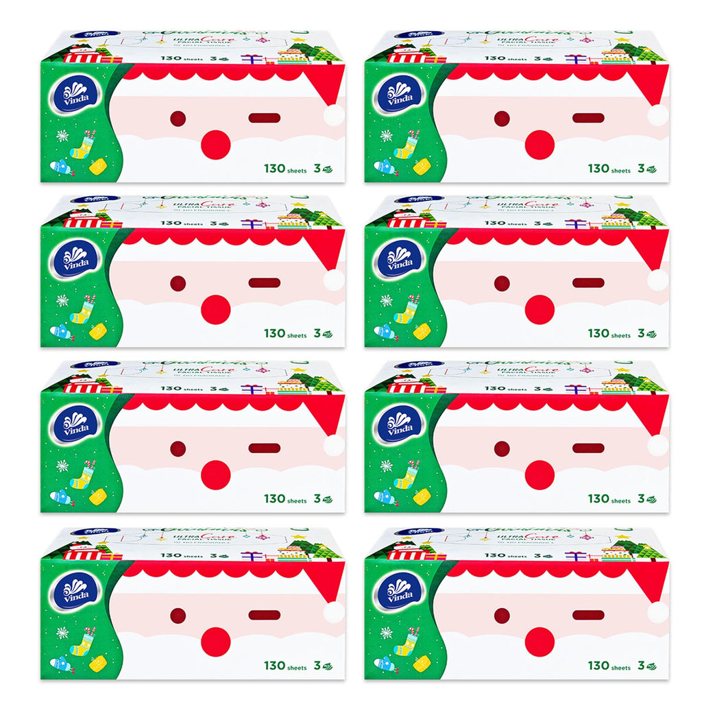Vinda 3-Ply Ultra Care Facial Tissues, Cute Edition, Festive Holiday Boxes, 130 Tissues/Box, 8 Flat Boxes, Ultra Soft & Gentle for Sensitive Skin, Ideal for Home, Office, or Holiday Gifts