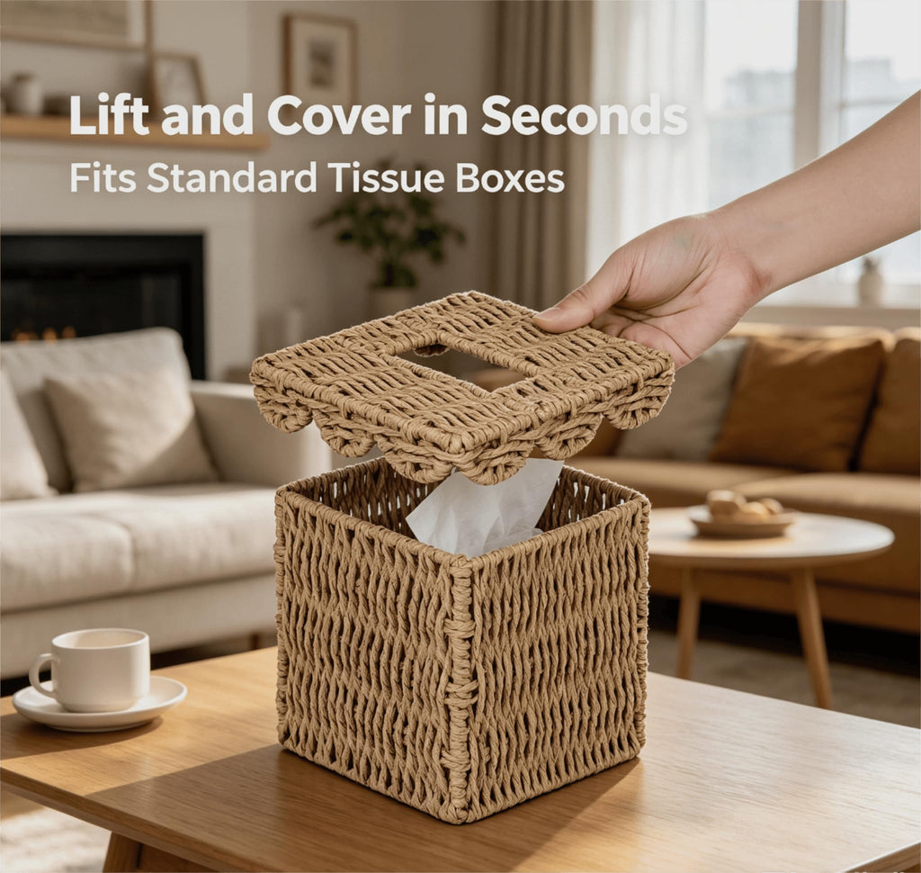 CubesLand Tissue Box Cover W/Scalloped Lid for Home Decor，Square Neutral