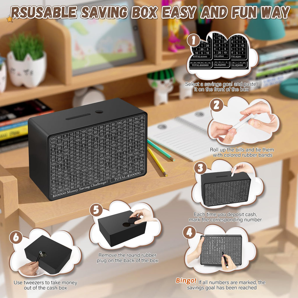 Wooden Money Saving Box, Cash Vault Savings Box for $10000 $5000 $3000 $1000 $800 $500 Target Money Saving Challenge, Reusable Money Box with Counter, Dry Erase Pen/Savings Trackers/Rubber Band-Black