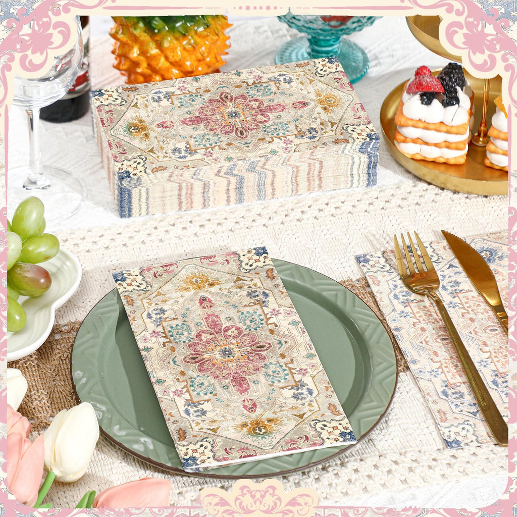 Yeaqee 100 Pcs Boho Napkins Paper Guest Towels, Multicolor