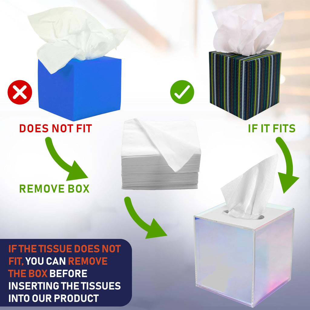Acrylic Tissue Box Holder, Clear Dispenser for Facial Tissues, Napkins, and Dryer Sheets. Perfect for Bathrooms, Desks, Countertops, Vanities, Bedrooms, and Nightstands (Square, Iridescent)