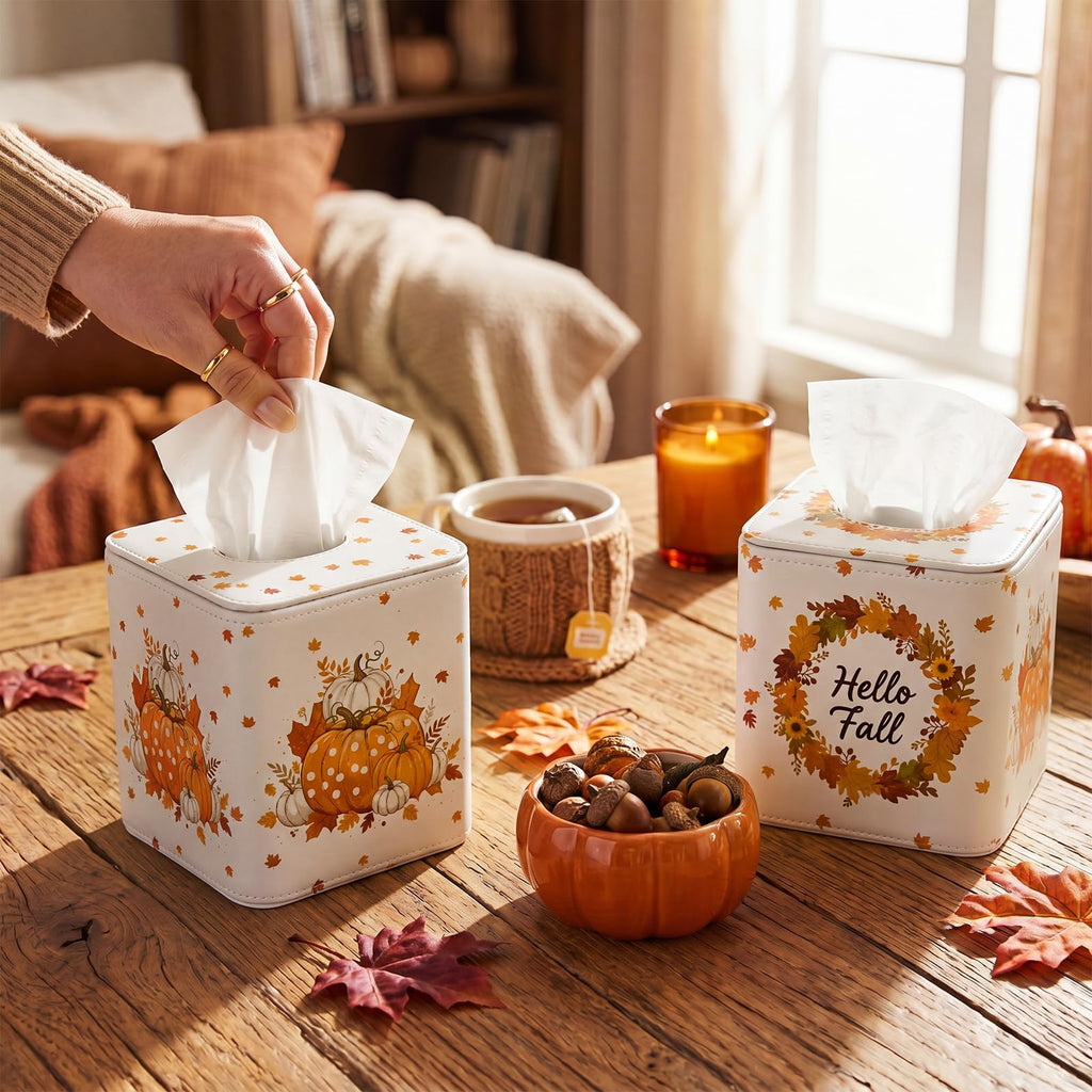Thyle 2 Pcs Fall Tissue Box Cover Square, Pumpkin PU Leather Tissue Holder