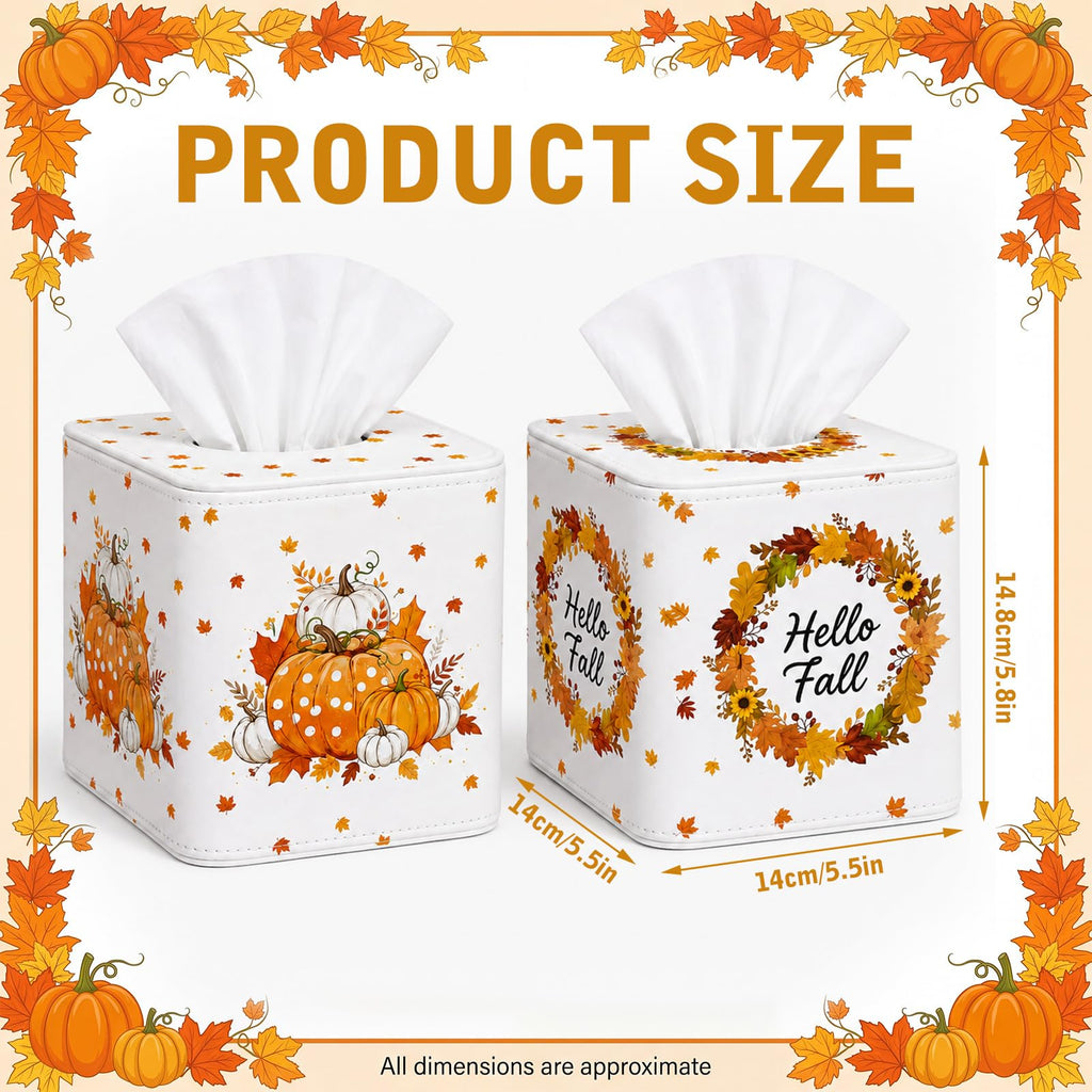 Thyle 2 Pcs Fall Tissue Box Cover Square, Pumpkin PU Leather Tissue Holder