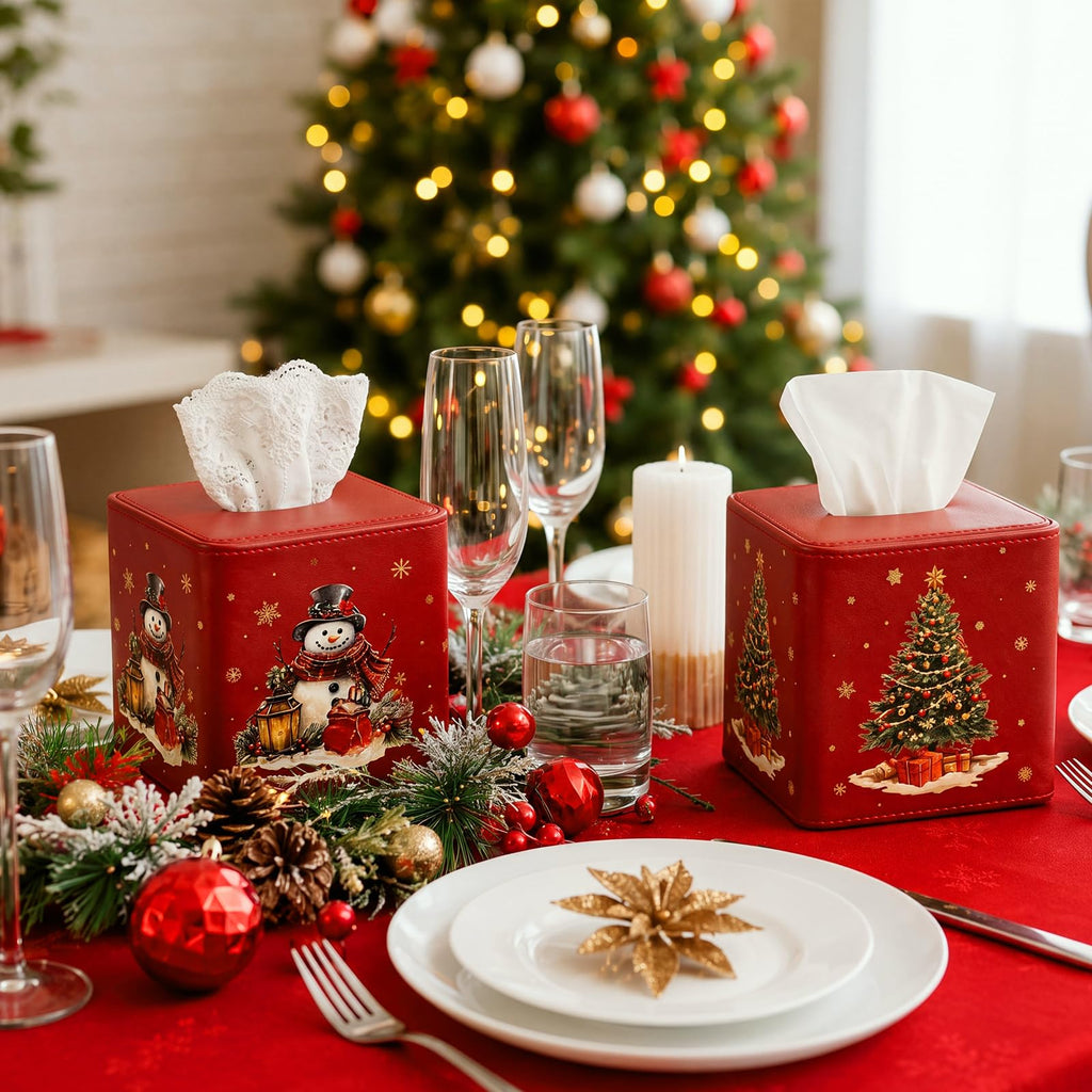 Thyle 2 Pcs Christmas Square Tissue Box Cover Red PU Leather Christmas Tree Snowman Tissue Box Holder Closure Xmas Decorations Cube Napkin Holder for Kitchen Car Home Office Living Room Bedroom