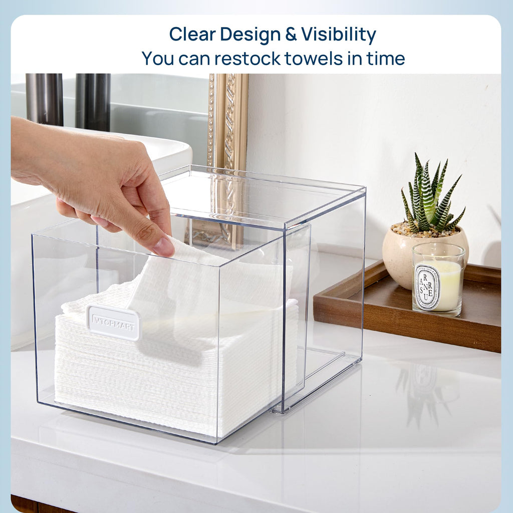 Vtopmart Disposable Facial Towels Holder,Clear Storage Drawer Compatible with Clean Skin Club Towel XL,Acrylic Box Hold 50 Count,Stylish and Functional Bathroom Accessory for Coutertop Organization