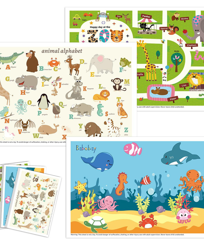 Babebay Disposable Stick-On Placemats for Baby, 60 Pack, 3 Animal Designs
