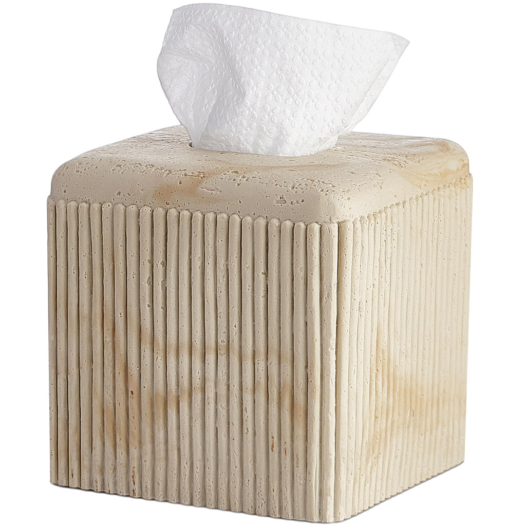 Travertine Stone-Look Ribbed Square Tissue Box Cover for Modern Home Decor