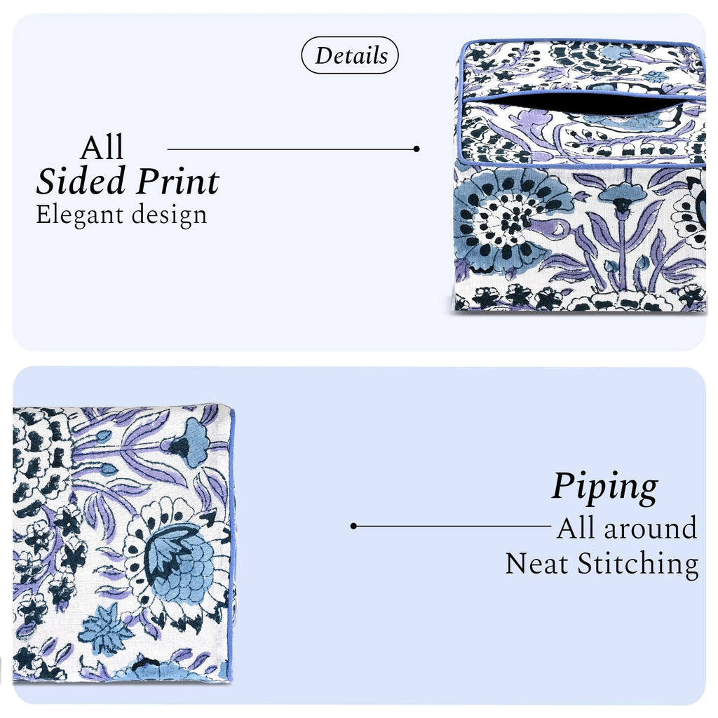CPC 100% Cotton Piping Block Print Tissue Box Cover, Indigo Blue