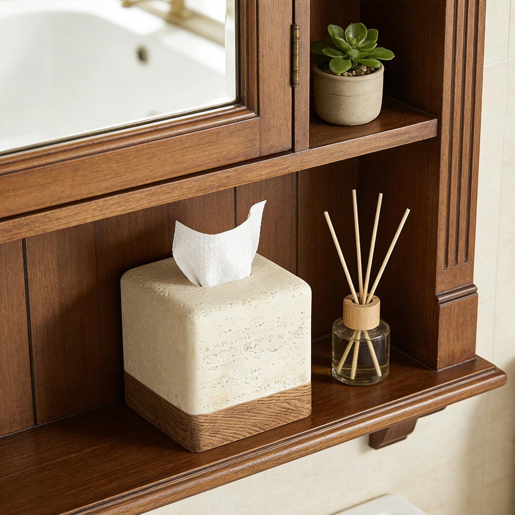 Natural Travertine Look Match Wooden Square Tissue Box Cover for Home Decor