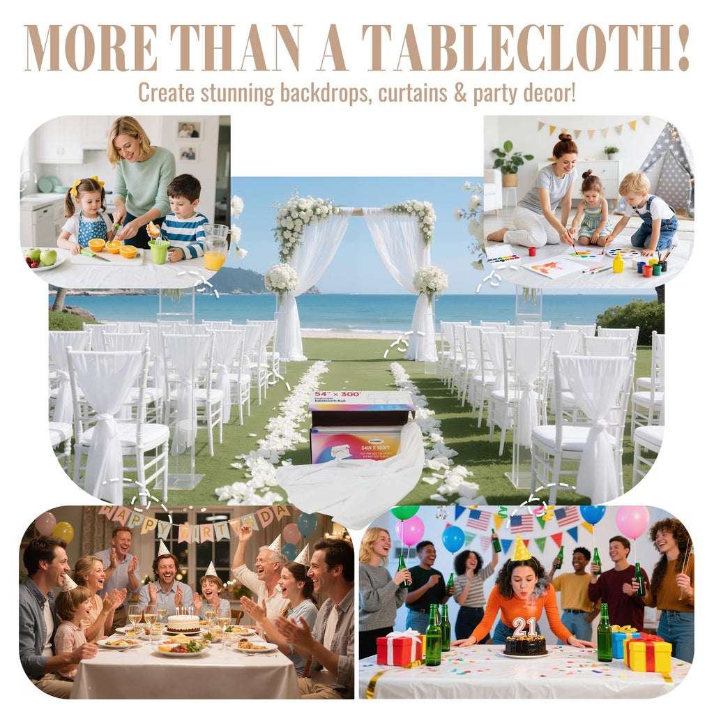 Plastic Table Cloth Disposable, 54In X 300Ft White Table Cover Roll