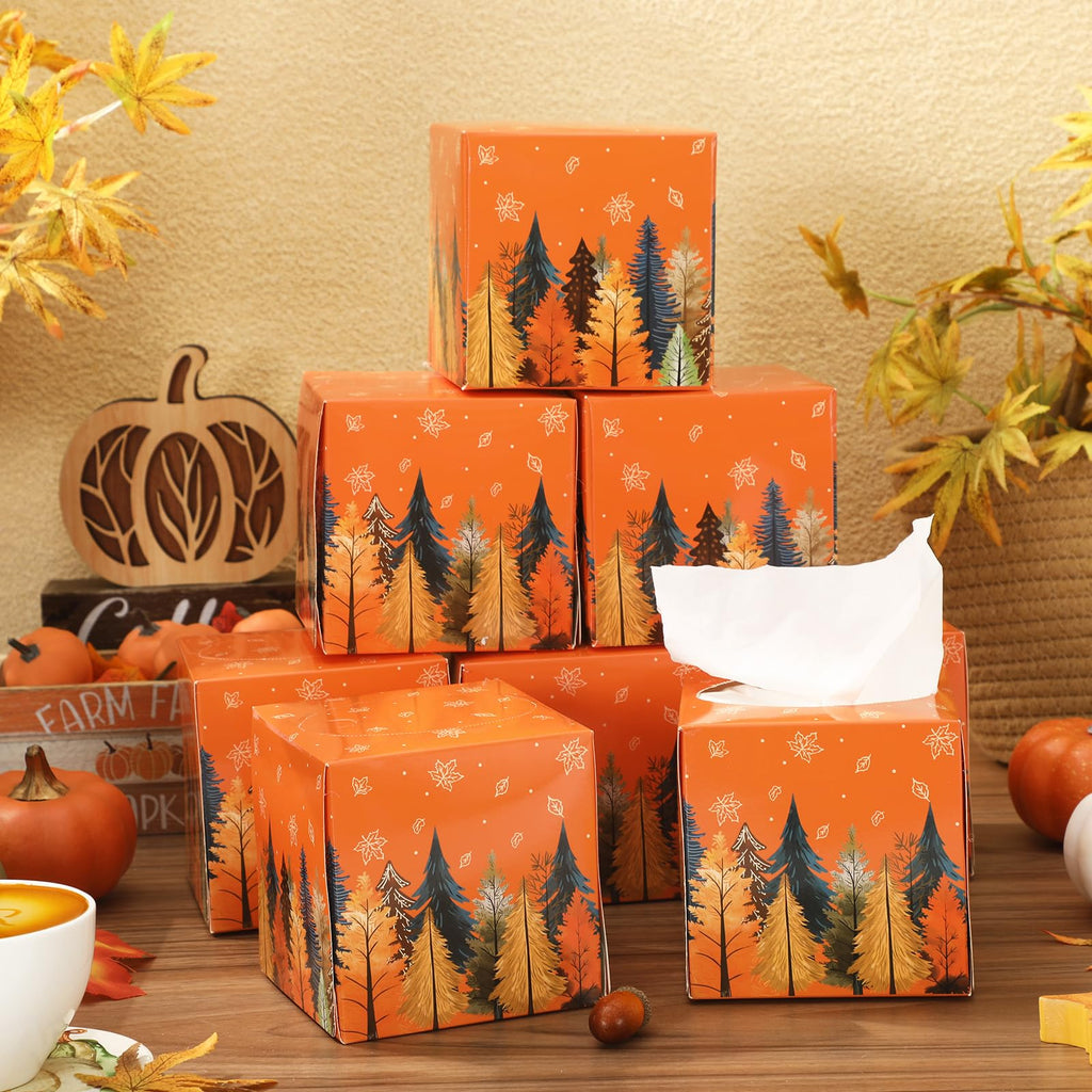 Whaline 12Pcs Fall Facial Tissues Cube Boxes Boho Autumn Trees Maple Leaves Square Tissue Box Cover with 600 Sheets Napkins for Harvest Thanksgiving Home Car Accessories