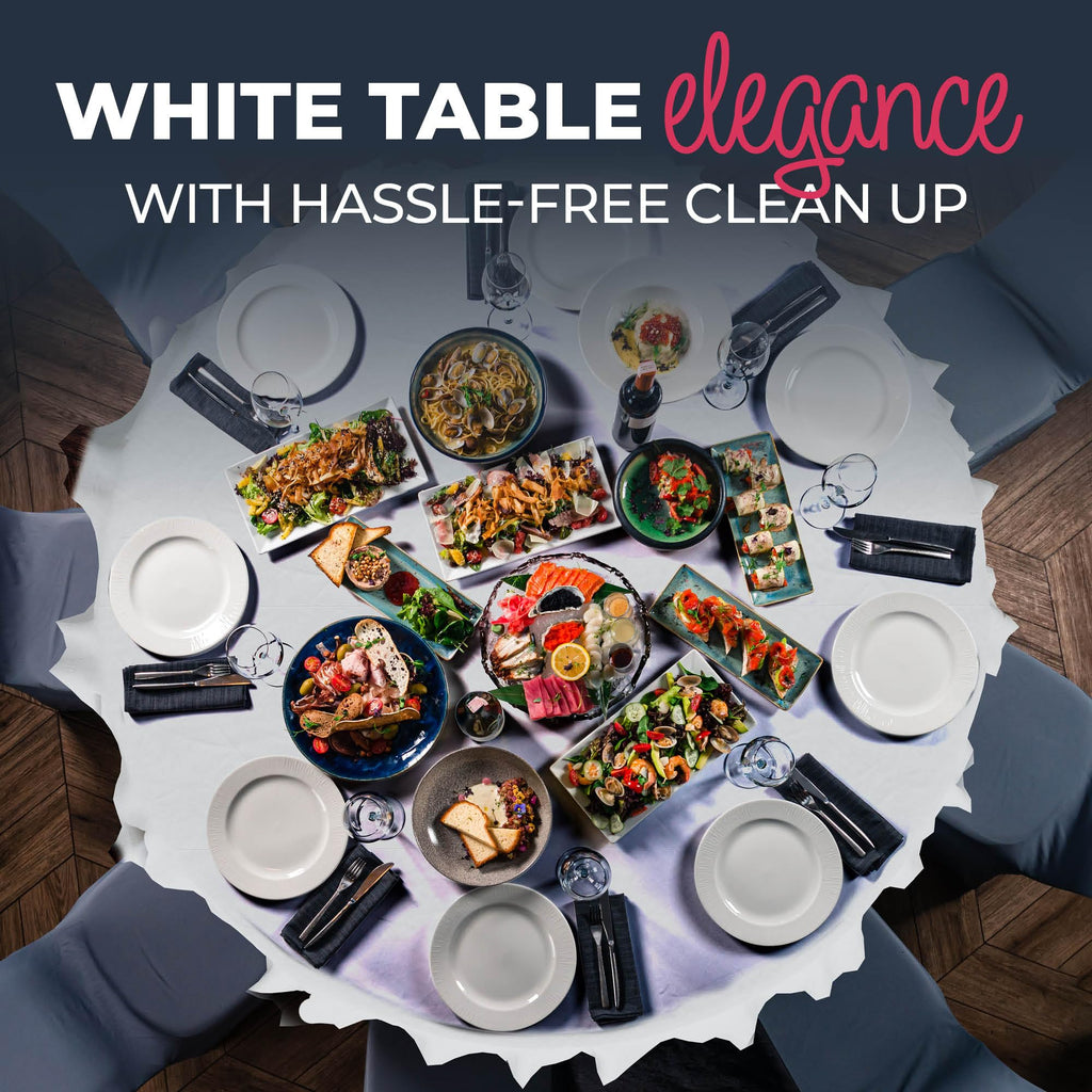 HOUZZKINGZ USA Paper Tablecloths for Round Tables | 82" - 10 Pack | White Paper & Plastic Disposable Table Cloths