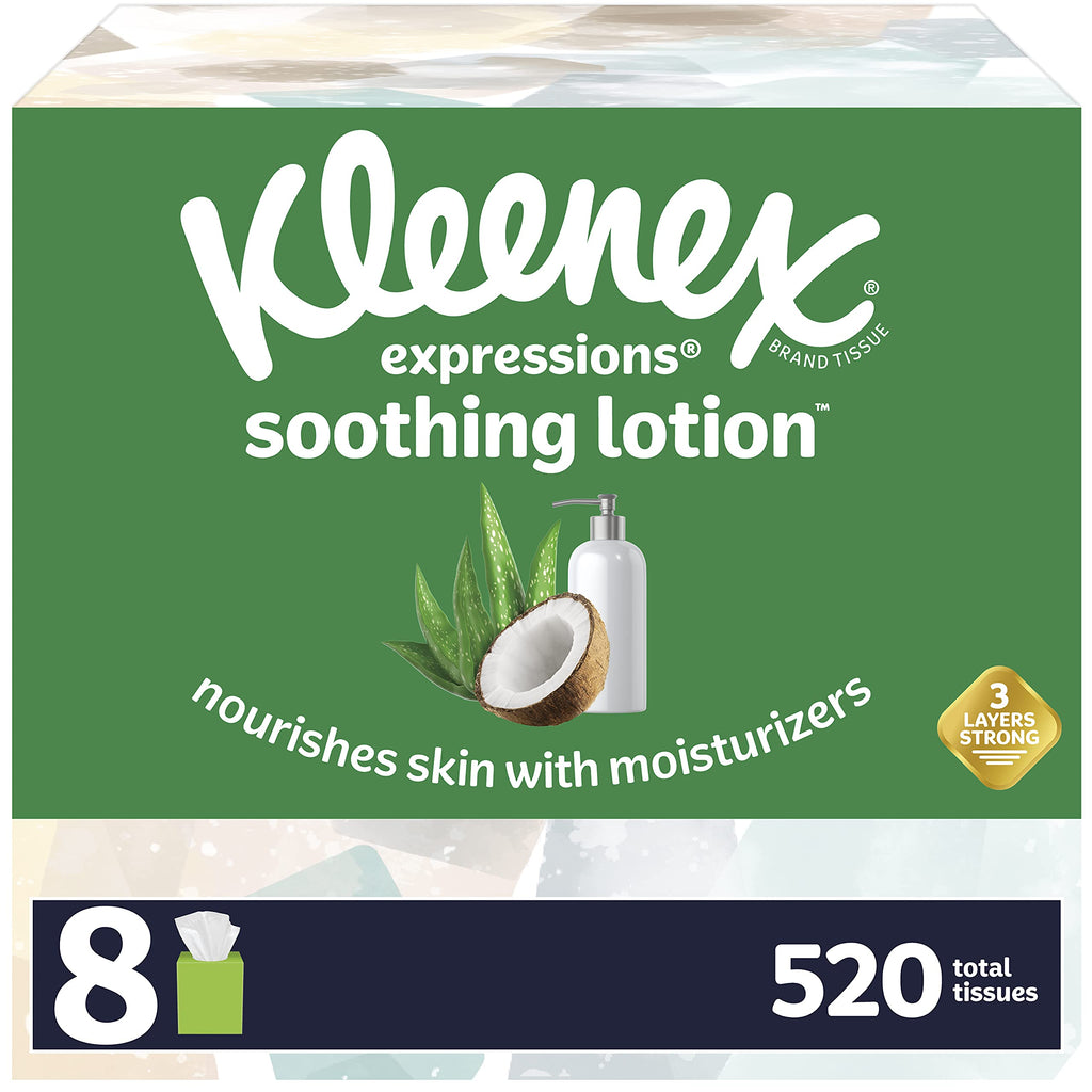 Kleenex Soothing Lotion Facial Tissues with Coconut Oil, Aloe & Vitamin E, 65 Count (Pack of 8)
