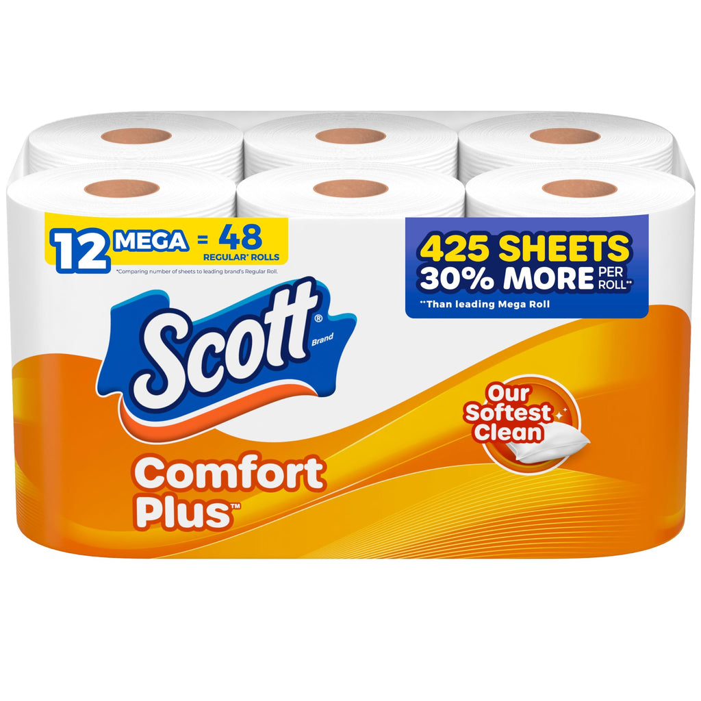 Scott ComfortPlus Toilet Paper, 12 Mega Rolls, 425 Sheets per Roll, Septic-Safe, 1-Ply Toilet Tissue