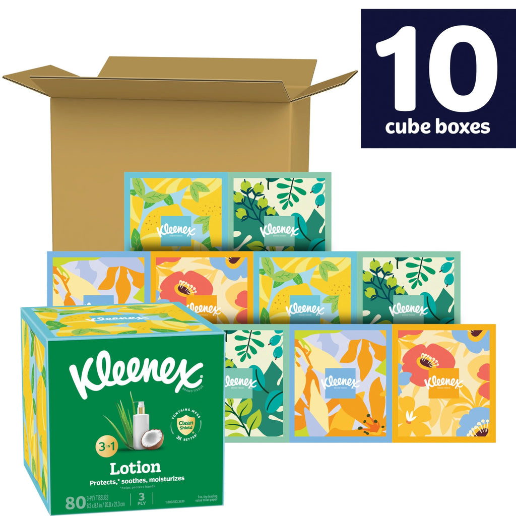 Kleenex Lotion Facial Tissues, 10 Cube Boxes, 80 Tissues per Box