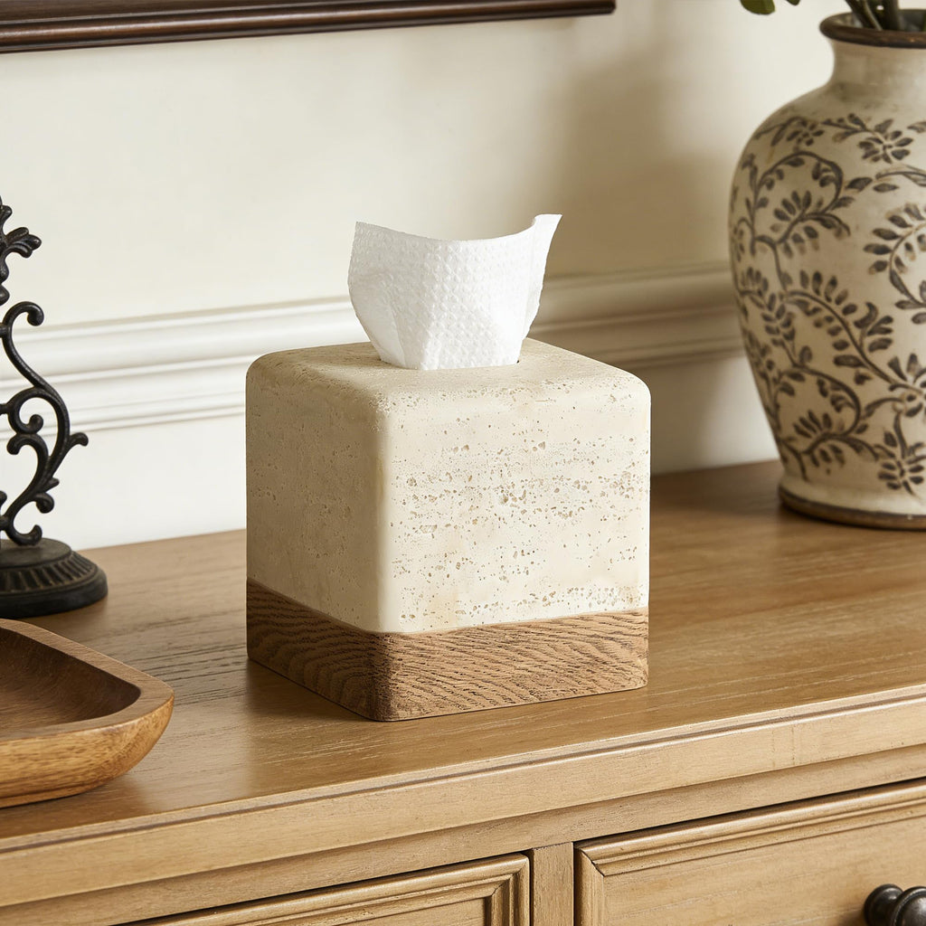Natural Travertine Look Match Wooden Square Tissue Box Cover for Home Decor