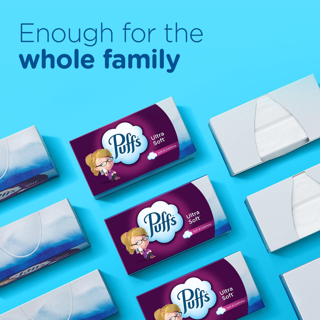Puffs Facial Tissues Ultra Soft, 24 Family Rectangle Boxes, 124 Facial Tissues per Box, Allergies and Colds (Packaging May Vary)