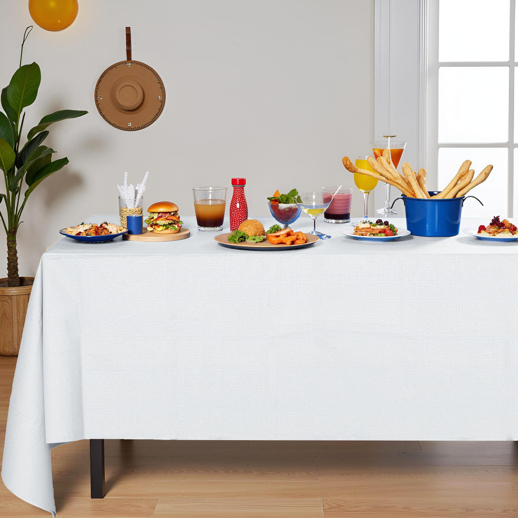 Dozobeede [6 Pack] White Paper Tablecloth Disposable for Rectangle Tables, 54 X 108 Inch Party Table Cover with Plastic Backing, Waterproof 3 Ply Table Cloth for Wedding Labor Day Outdoor Picnic BBQ