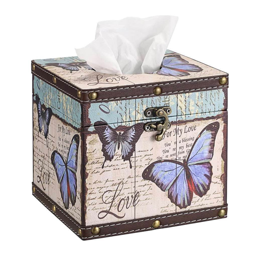 Hoowen Butterfly Tissue Box Cover, Wood Square Tissue Holder, Bluish Purple