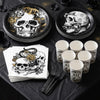 121 Pcs Gothic Halloween Party Tableware Set for 24 Guests – Black Skull Skeleton Disposable Plates, Cups, Napkins and Tablecloth for Spooky Gothic Halloween Party Decorations