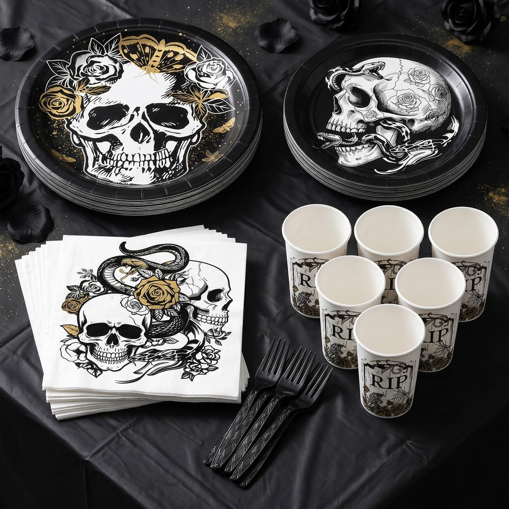 121 Pcs Gothic Halloween Party Tableware Set for 24 Guests – Black Skull Skeleton Disposable Plates, Cups, Napkins and Tablecloth for Spooky Gothic Halloween Party Decorations