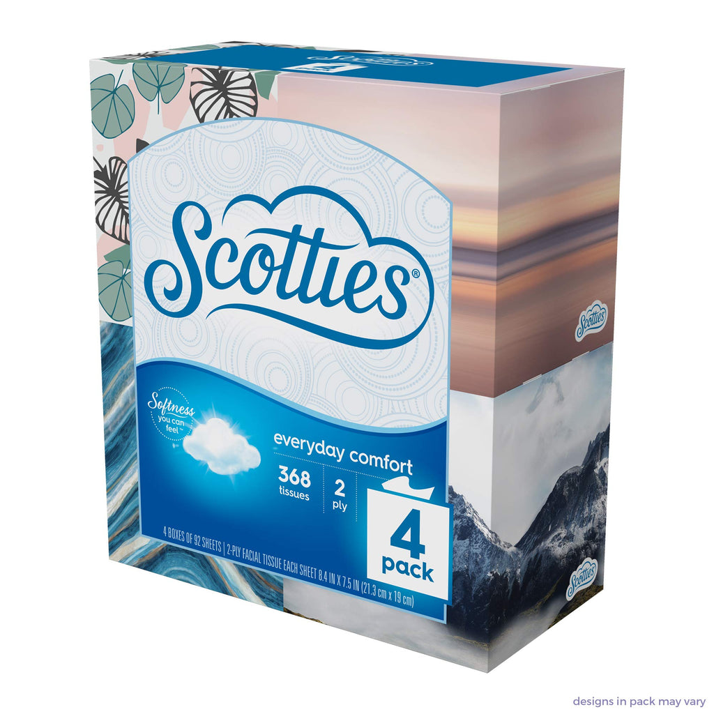 Scotties Everyday Comfort Facial Tissues, 2-Ply, 92 Tissues Per Box, (Pack of 4)