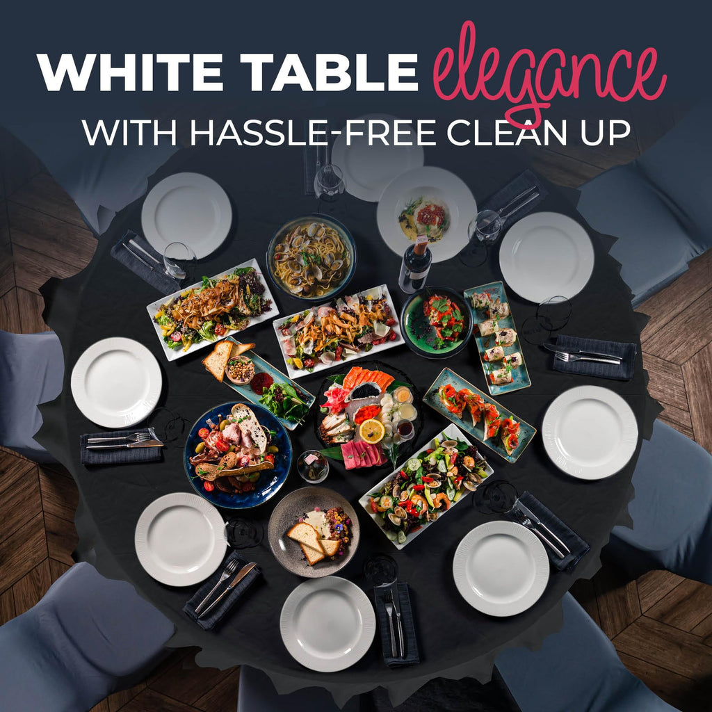 HOUZZKINGZ USA Black Paper Tablecloths for Round Tables | 82" 4 Pack | 3-Ply Premium Paper & Plastic Table Cloths for Parties Disposable