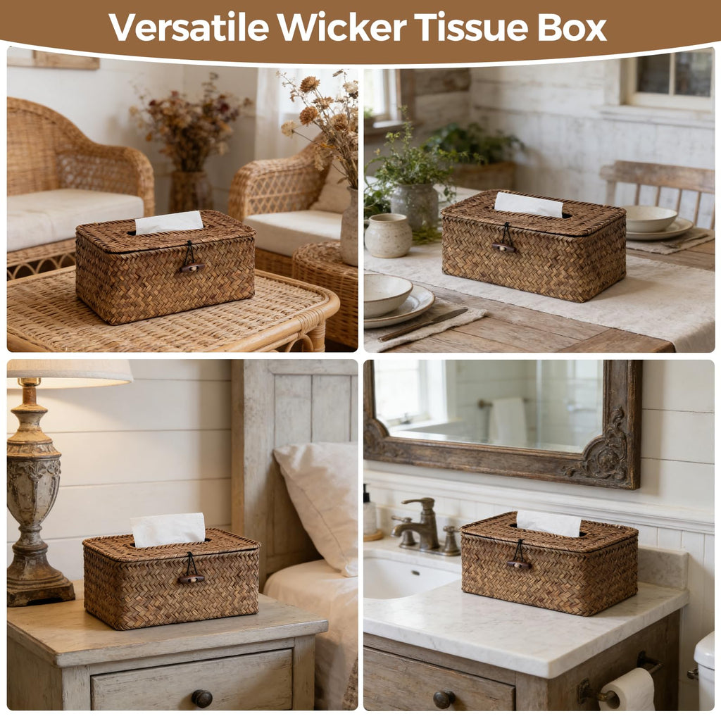 Rectangle Wicker Tissue Box Cover, Woven Seagrass Tissue Holder, Brown