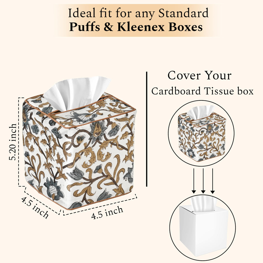 CPC 100% Cotton Piping Block Print Tissue Box Cover, Autumn Vine