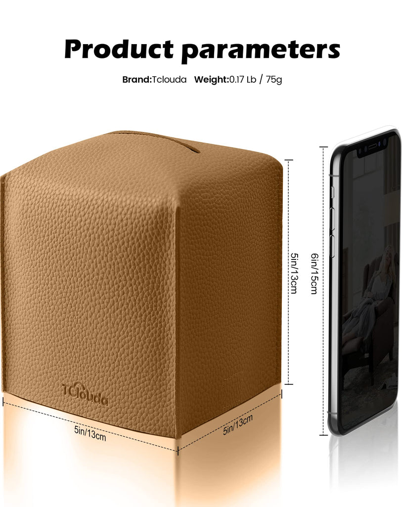 Tclouda Tissue Box Cover for PU Leather, Modern Simple Solid Color Holder Square Tissue Bag, Ideal for Bathrooms,Office,Car,Nightstand,Outdoor Tent,Dining Table,5"X5"X5", Double Bronze