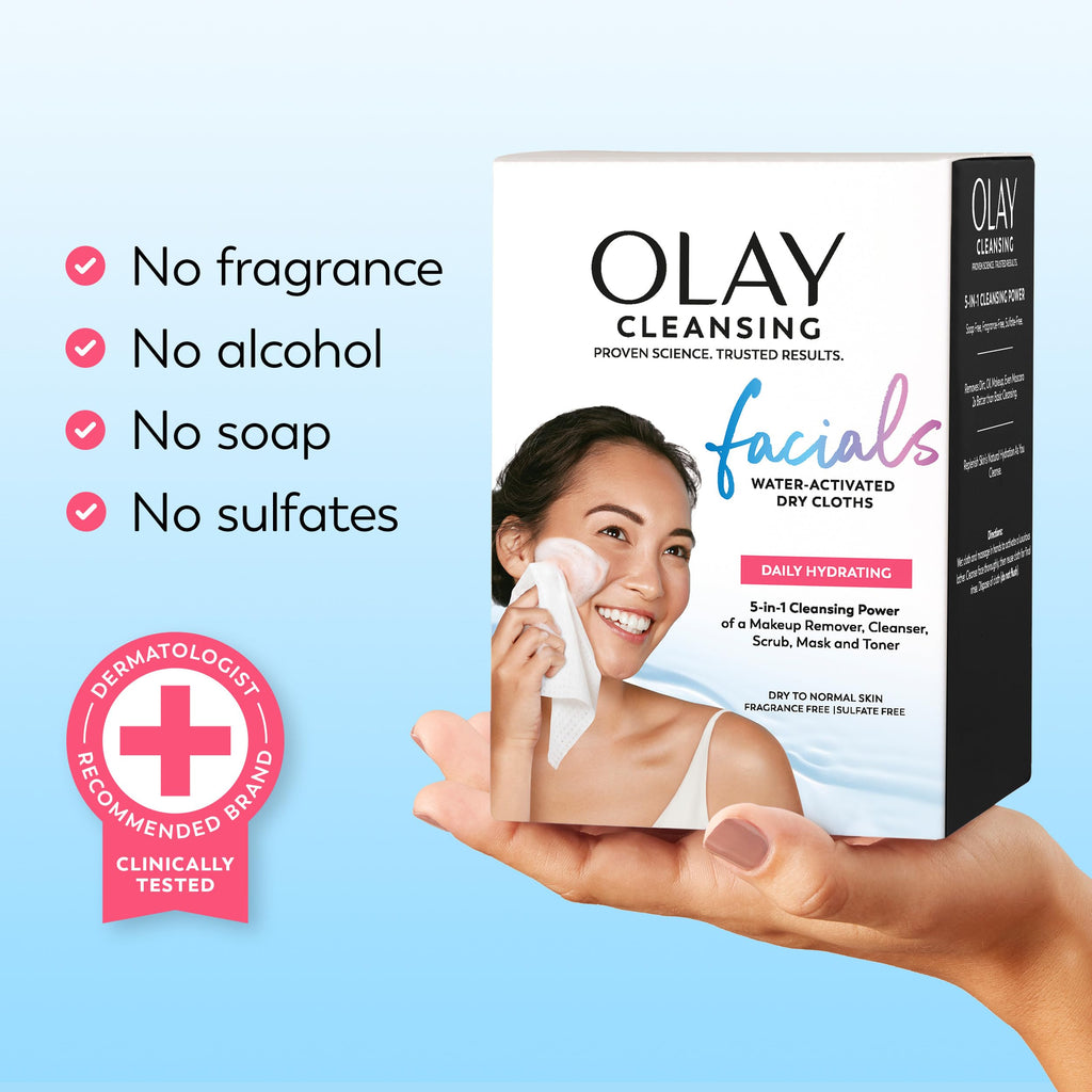 Olay Makeup Remover Wipes, Daily Facials Hydrating Face Cleanser for Normal to Dry Skin, Alcohol & Fragrance Free, Soft Face Wash Towels, Travel Essentials for Women, Convenient Dry Cloths, 66 ct