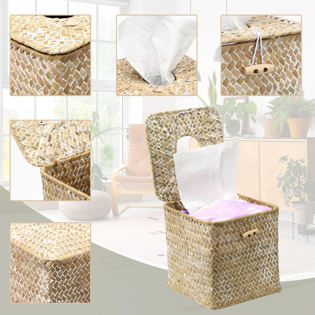 Thyle 2 Pcs Tissue Box Cover Square Seagrass Tissue Box with Lid, Woven Napkin Holder Rustic Cube Boho Whitewashed Paper Case for Bathroom Toilet Bedroom Living Room Kitchen Table Desk Office Car