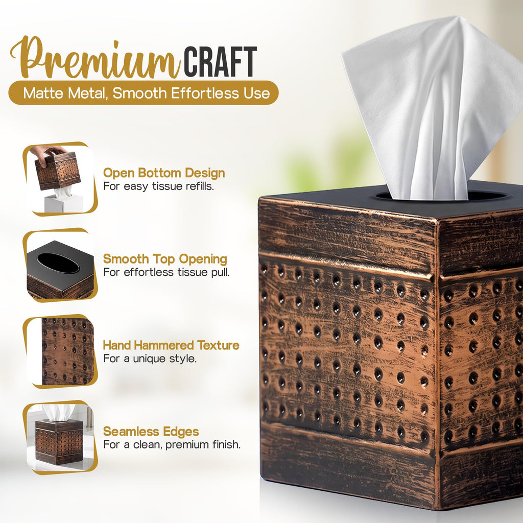 LUXMODE Handmade Metal Brown Tissue Box Cover – Square – 5x5x5.25 Inch – Open Bottom - Modern Tissue Holder for Bathroom, Living Room, Bedroom & Office Décor