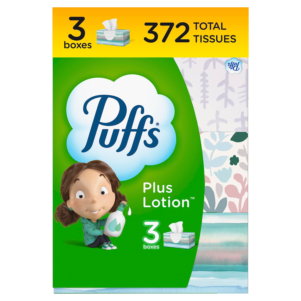 Puffs Plus Lotion Facial Tissue, 3 Family Boxes, 124 Tissues Per Box