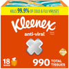 Kleenex Anti-Viral Facial Tissues, Classroom or Office Tissue, 18 Cube Boxes, 55 Tissues per Box, 3-Ply (990 Total Tissues)