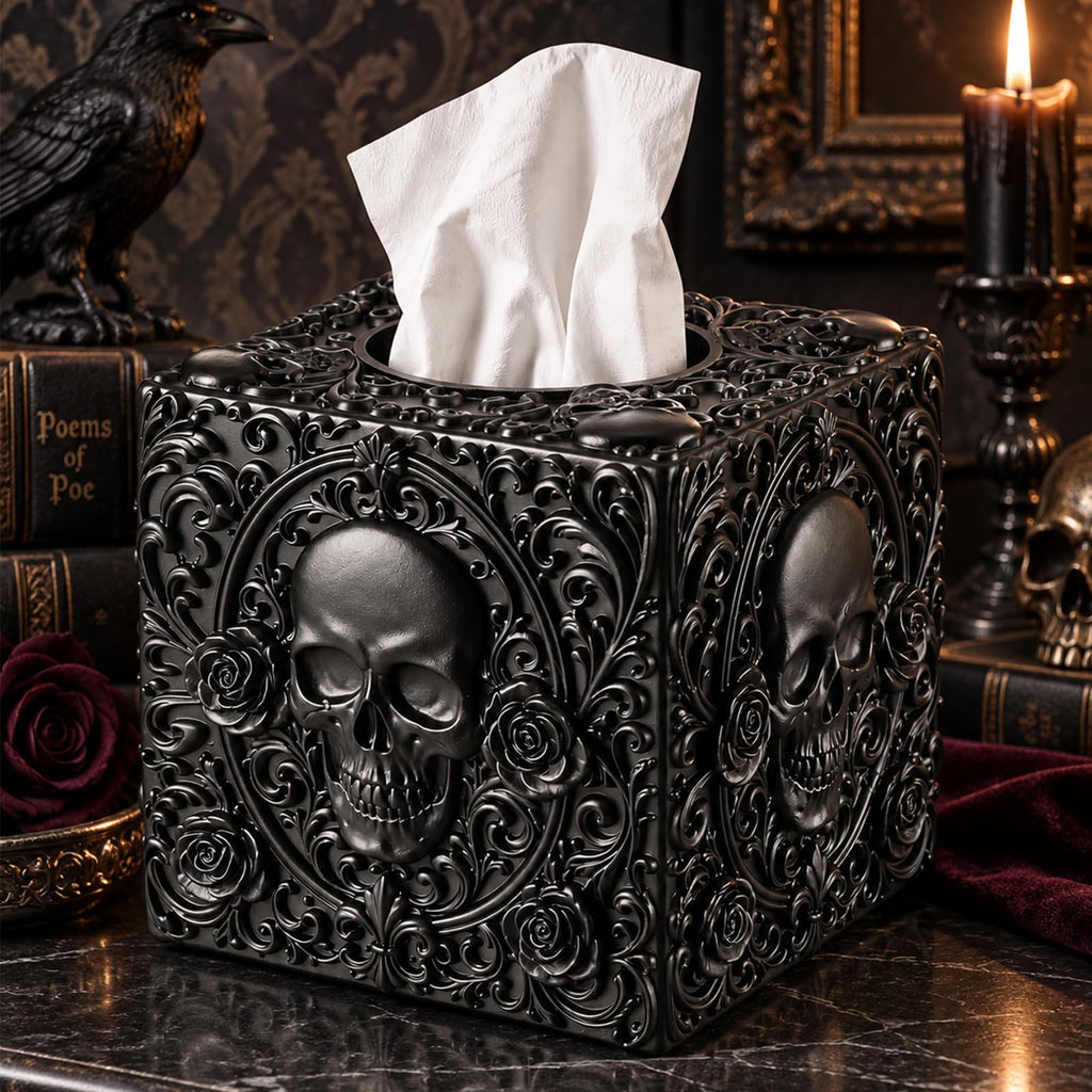 Pinkunn Halloween Skull Tissue Box Cover Black Square Gothic Style