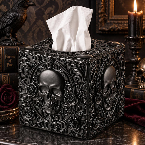 Pinkunn Halloween Skull Tissue Box Cover Black Square Gothic Style