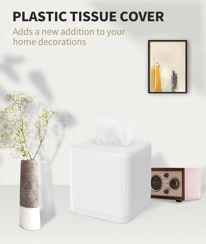 Livelab Tissue Box Cover with Base, Square Plastic Tissue Box Holder Decorative Tissue Cover Modern Cube Facial Tissue Dispenser for Bathroom Vanity Countertop, Living Room, Bedroom, Office - White