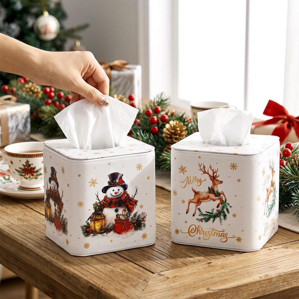 Thyle 2 Pcs Christmas Square Tissue Box Cover PU Leather Reindeer Snowman Tissue Box Holder Closure Xmas Decorations Cube Napkin Holder for Kitchen Car Home Office Living Room Bedroom
