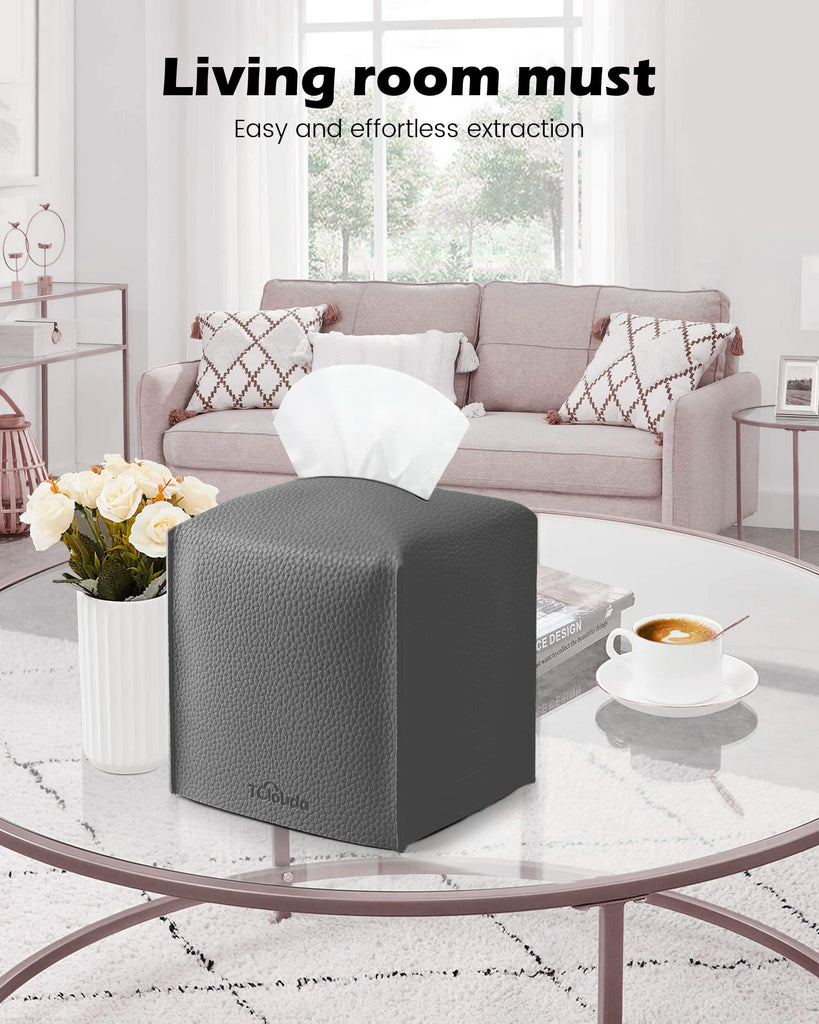 Tclouda Tissue Box Cover for PU Leather, Modern Simple Solid Color Holder Square Tissue Bag, Ideal for Bathrooms,Office,Car,Nightstand,Outdoor Tent,Dining Table,5"X5"X5", Single Charcal