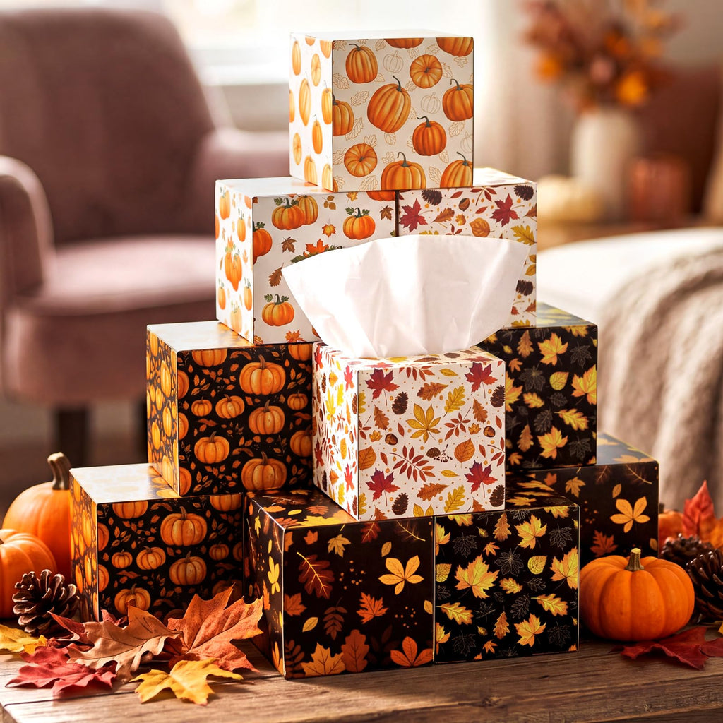 Fourluoo 12 Pack Thanksgiving Pumpkin Facial Tissues Cube Face Boxes 600 Sheets 3 Ply Small Fall Square Tissues Bulk for Thanksgiving Day Autumn Harvest Car Bedroom Party Supplies