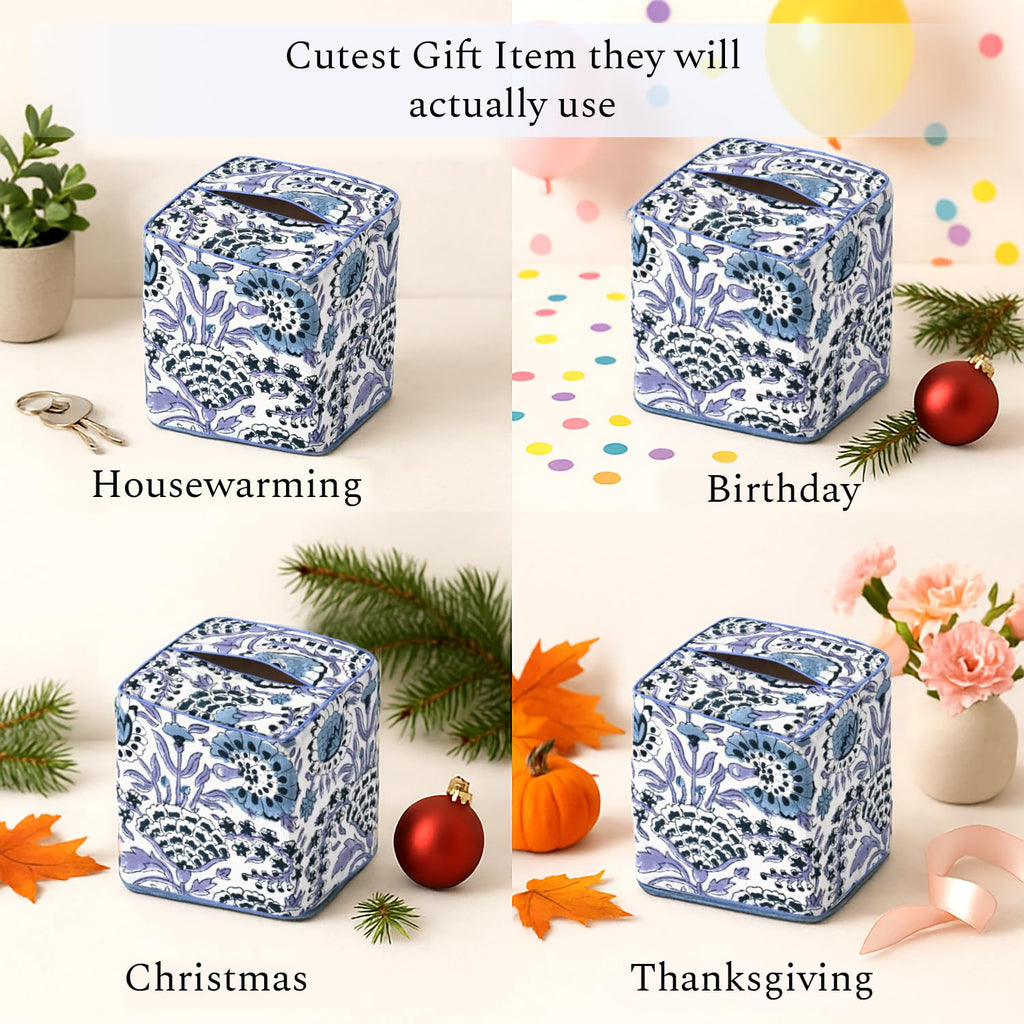 CPC 100% Cotton Piping Block Print Tissue Box Cover, Indigo Blue