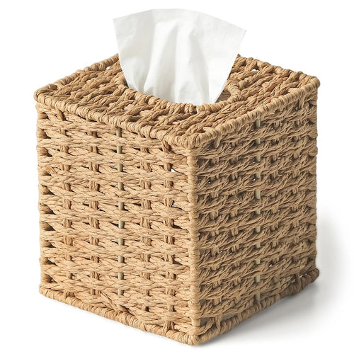 Yosner Paper Rope Tissue Box Cover Square, Wicker Tissue Box Holder Natural