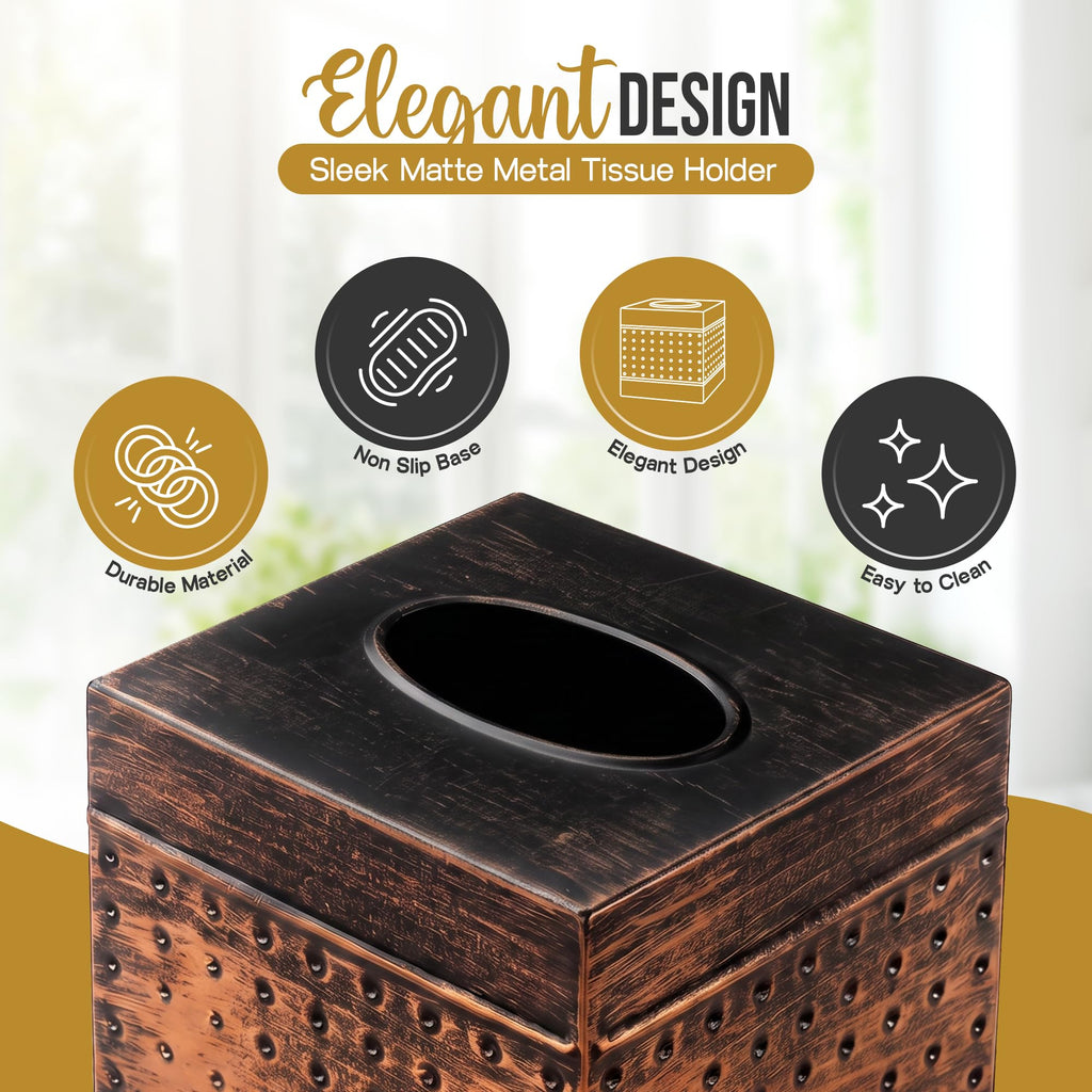 LUXMODE Handmade Metal Brown Tissue Box Cover – Square – 5x5x5.25 Inch – Open Bottom - Modern Tissue Holder for Bathroom, Living Room, Bedroom & Office Décor